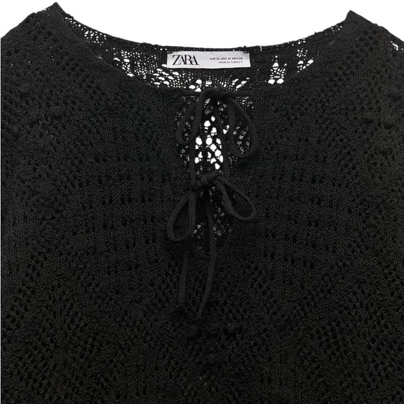 Zara Black Textured Pointelle Knit Double Tie Mini Dress / Tunic Sweater - M - Picture 4 of 16